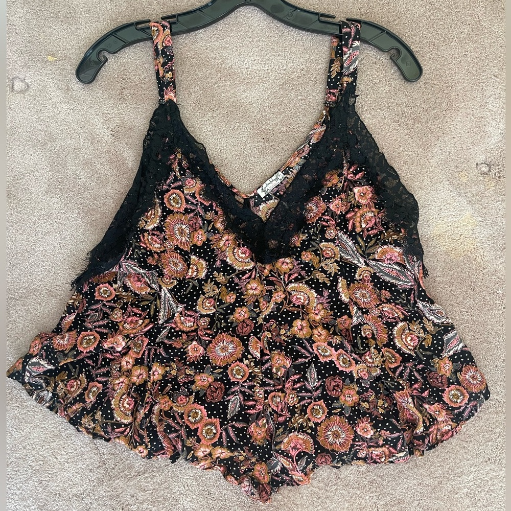 Free people intimately black/orange/pink with black lace Cami tank top. Size S